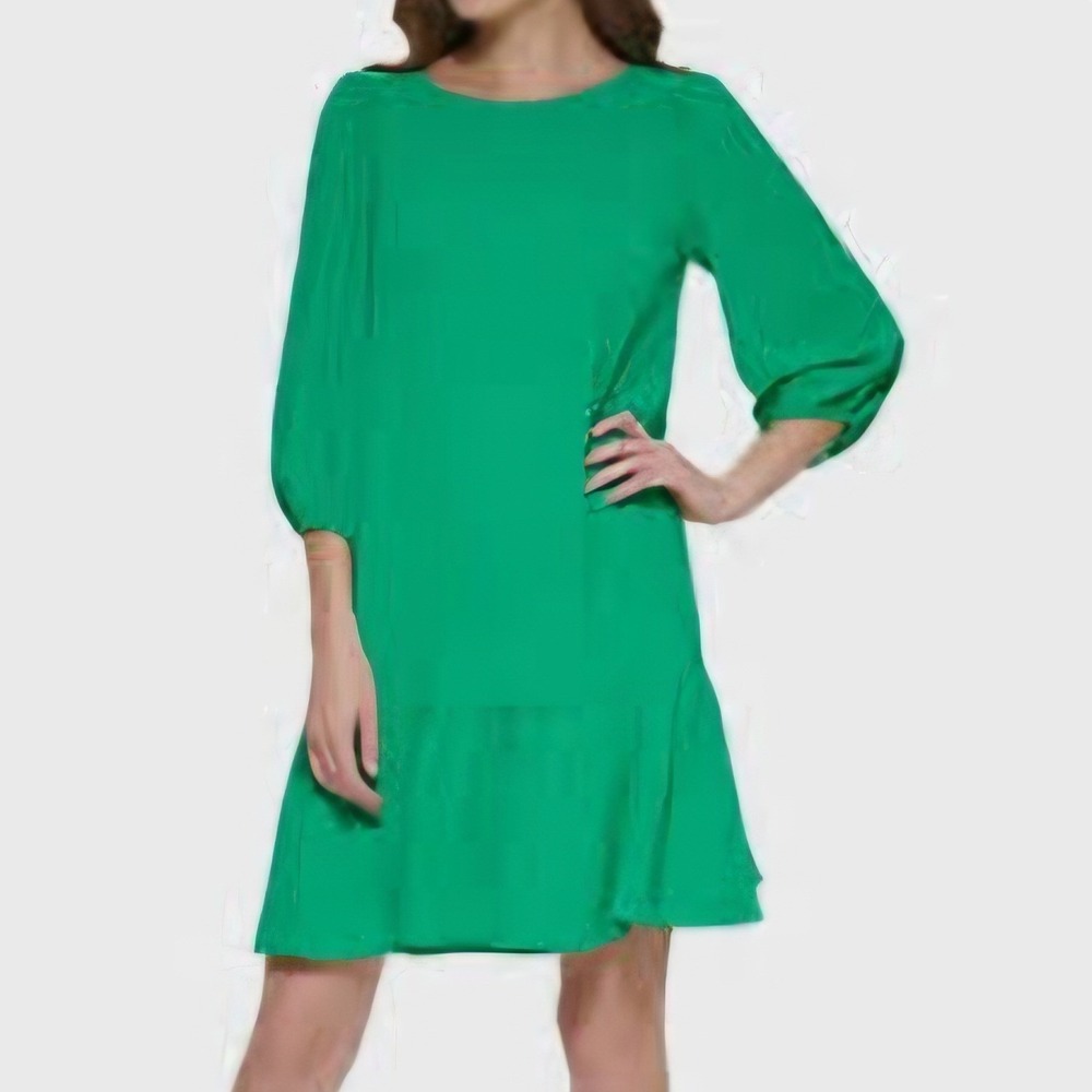 DKNY Green Textured Puff‎ Sleeve Ruffle Hem Shift Dress Size 4